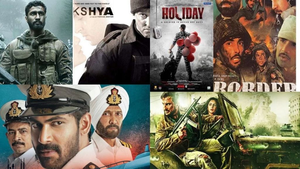 MoviesMing: Your Ultimate Destination for Bollywood Movies 4 A collage of eight movie posters featuring military themes, with soldiers in various poses, holding weapons, and scenes of combat or military operations. The posters are dominated by greens, browns, and grays, with some text obscured by brown rectangles.