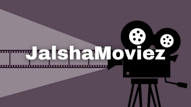 JalshaMoviezHD: Your Gateway to the World of High-Definition Entertainment 2 Graphic with the text ‘JalshaMoviez’ overlaid on a stylized representation of a film projector and film strip, set against a purple background with a lighter diagonal stripe.