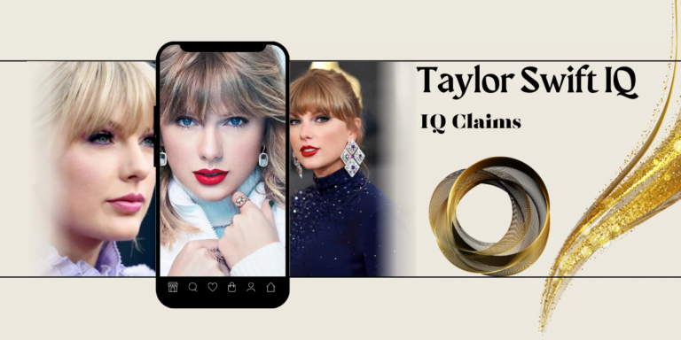 An image with the text 'Taylor Swift IQ' against a background of musical notes, symbolizing the exploration of Taylor Swift's intelligence and musical genius.
