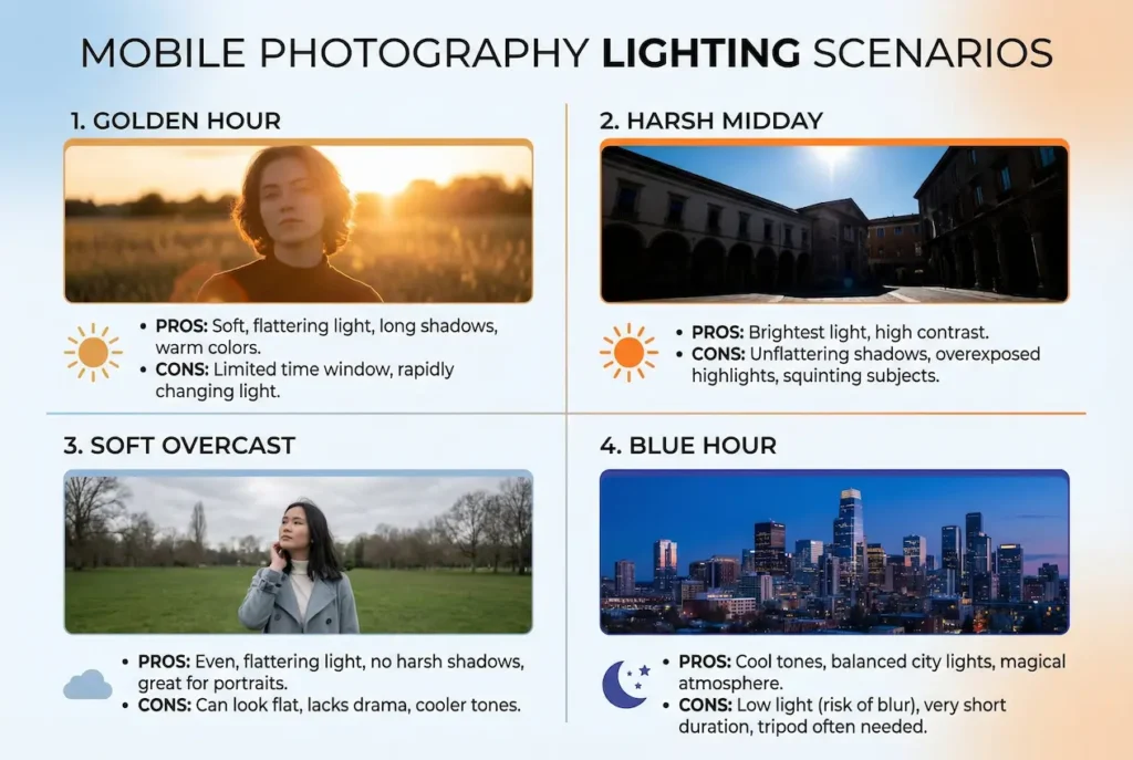 Top 20 Mobile Photography Tips for 2026: Master Your Smartphone Camera 5 A comparative infographic titled "MOBILE PHOTOGRAPHY LIGHTING SCENARIOS" is divided into four quadrants. The top-left, "1. GOLDEN HOUR," features a portrait photograph of a woman at sunset, a sun icon, and text listing pros (soft, flattering light, warm colors) and cons (limited time window). The top-right, "2. HARSH MIDDAY," shows a building under bright sun, an intense sun icon, and pros (brightest light, high contrast) and cons (unflattering shadows, overexposed highlights). The bottom-left, "3. SOFT OVERCAST," displays a person under a cloudy sky, a cloud icon, and pros (even, flattering light, great for portraits) and cons (can look flat, lacks drama). The bottom-right, "4. BLUE HOUR," presents a cityscape at twilight, a crescent moon and star icon, and pros (cool tones, balanced city lights) and cons (low light, very short duration).