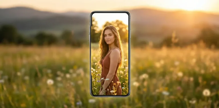 Top 20 Mobile Photography Tips for 2026: Master Your Smartphone Camera 1 A wide-angle landscape photograph showing a modern smartphone floating against a blurred sunset meadow. The smartphone screen displays a professional, golden-hour portrait of a young woman standing in a field of wildflowers with warm backlighting and a bokeh background.