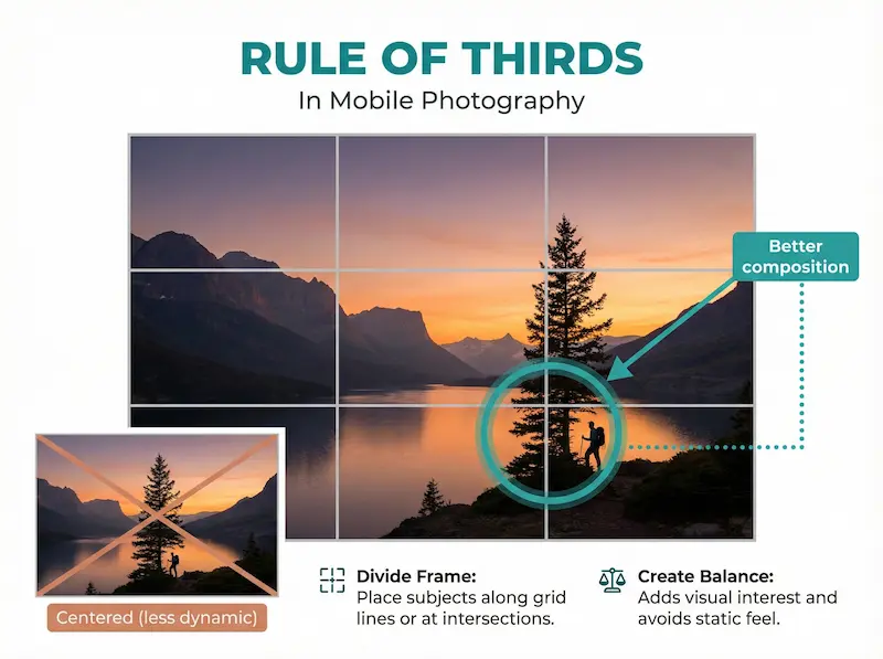 Top 20 Mobile Photography Tips for 2026: Master Your Smartphone Camera 2 An educational infographic titled "RULE OF THIRDS In Mobile Photography". It features a sunset landscape photo showing a tree and hiker with a 3x3 grid overlay, highlighting the subject at a right intersection point as "Better composition." A smaller comparison image shows the subject centered and crossed out, labeled "Centered (less dynamic)." Text at the bottom explains "Divide Frame" and "Create Balance."