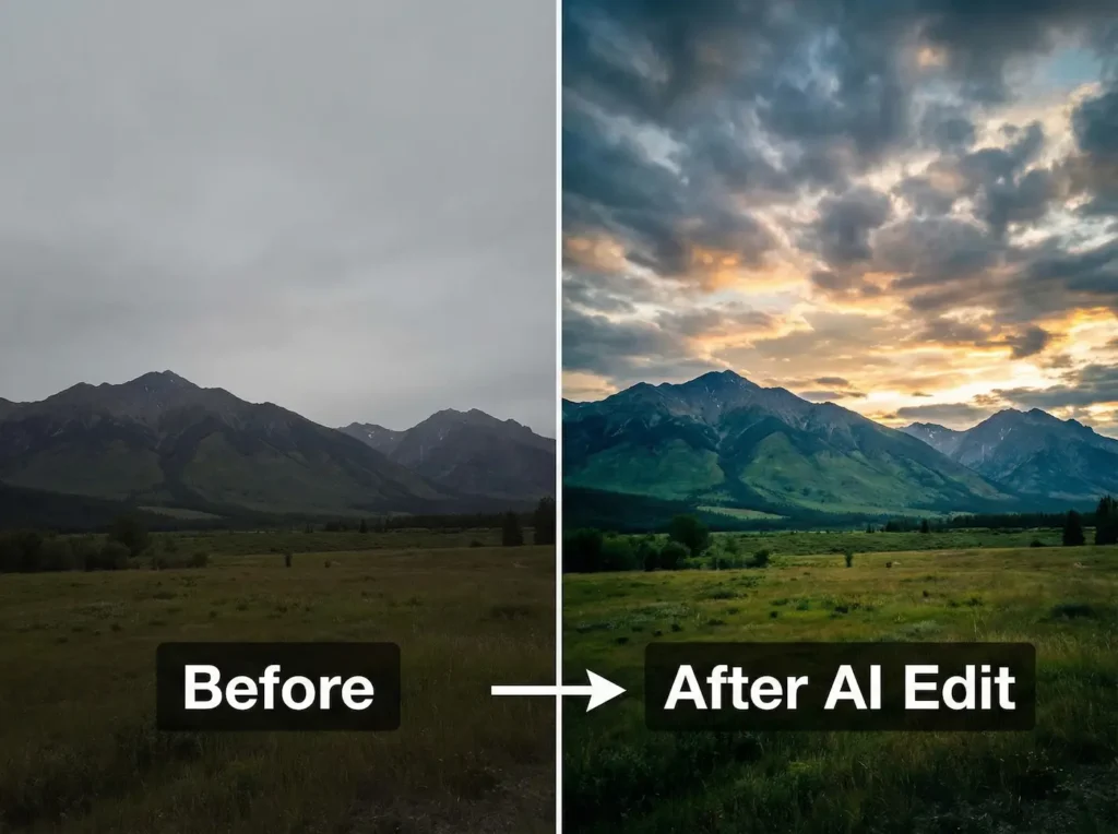 Top 20 Mobile Photography Tips for 2026: Master Your Smartphone Camera 7 A side-by-side comparison image split vertically, titled 'Before' on the left and 'After AI Edit' on the right. The 'Before' section shows a flat, underexposed photograph of a grassy field and mountains under a dull, grey overcast sky. The 'After AI Edit' section shows the same landscape, but it is dramatically transformed with vibrant colors, recovered details in the shadows of the grass and mountains, and a stunning, colorful sunset sky with dramatic clouds replacing the original bland sky. An arrow points from the 'Before' label to the 'After AI Edit' label.