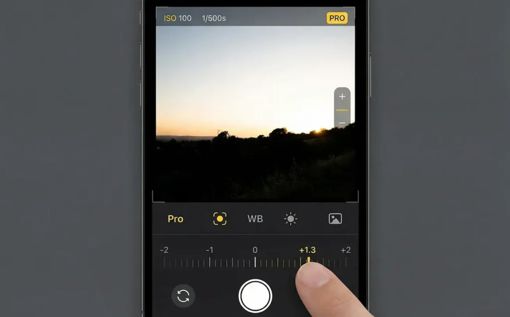 Top 20 Mobile Photography Tips for 2026: Master Your Smartphone Camera 4 A close-up photograph of a smartphone screen displaying a camera app interface in "PRO" mode. A person's finger is adjusting a manual exposure slider at the bottom, moving it towards the positive side, with the current value showing "+1.3". The live preview above shows a high-contrast sunset scene with a bright sky and dark, silhouetted foreground, which is becoming brighter as the slider is adjusted. At the top left, "ISO 100" and "1/500s" are visible.