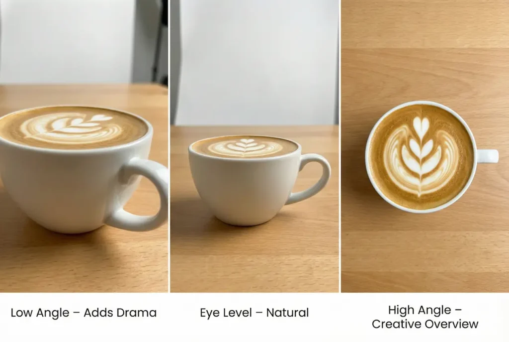 Top 20 Mobile Photography Tips for 2026: Master Your Smartphone Camera 6 A tri-panel photographic comparison showing a white coffee cup with latte art on a wooden table shot from three different angles. The left panel is a low-angle shot looking up at the cup, labeled "Low Angle – Adds Drama." The middle panel is an eye-level shot, labeled "Eye Level – Natural." The right panel is a high-angle, top-down shot looking directly into the cup, labeled "High Angle – Creative Overview."