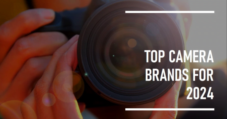Choosing the Best Camera Brands in 2024: A Guide for Photographers at All Levels 1 Close-up of a camera lens with the text “TOP CAMERA BRANDS FOR 2024” overlaying the image.