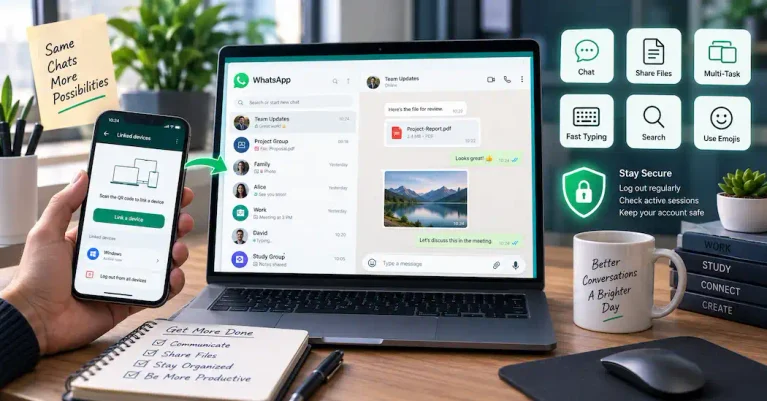 Staying secure while using WhatsApp Web is also important. Remember to log out of your account regularly. 7 WhatsApp Web on a laptop with linked phone, chat, file sharing, multitasking, and security features
